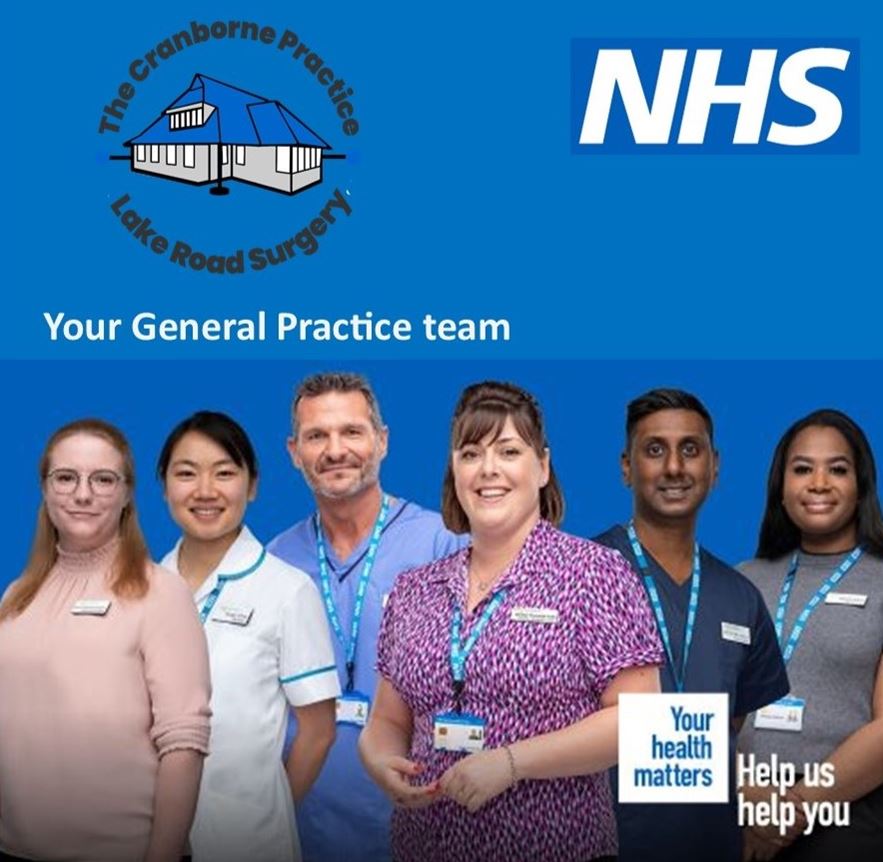 the cranborne practice and NHS logos, the words your general practice team and staff members including a female administrator, a female healthcare assistance, a male nurse, a female receptionist, a male doctor and a female manager