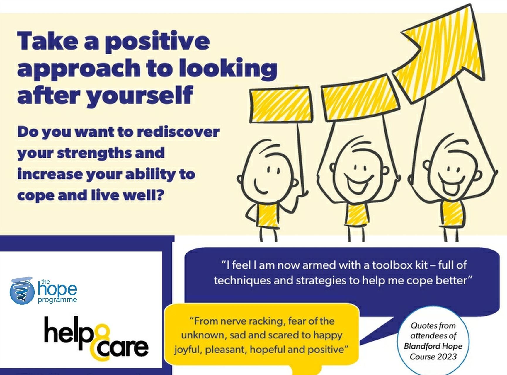 Cartoon characters holding an upward facing arrow, the Help and Care and Hope Programme logos and the words Take a positive approach to looking after yourself. Do you want to rediscover your strengths and increase you ability to cope and live well?