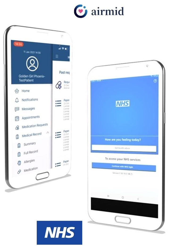 Two mobile phone screens, one with the Airmid app and the other with the NHS app