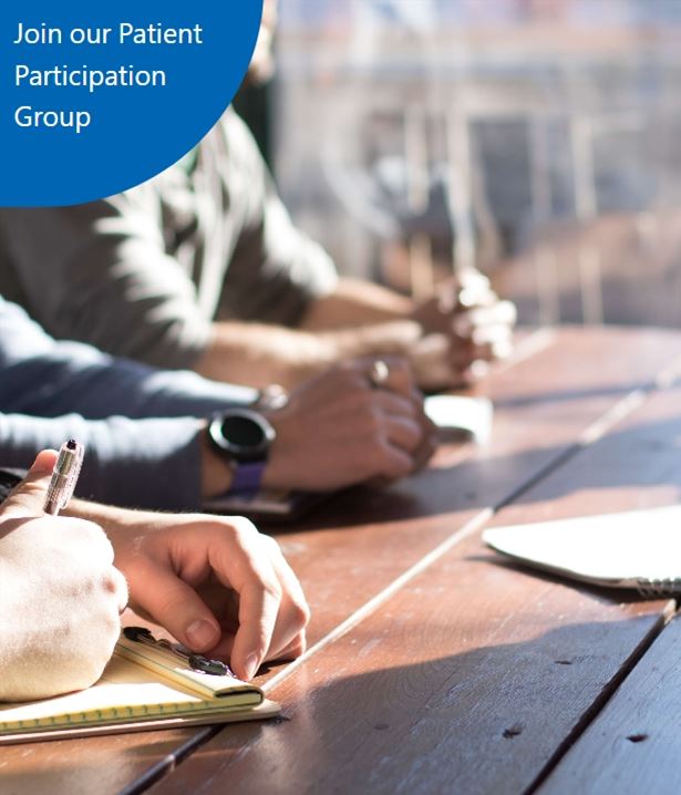 A group of people sitting around a wooden table taking notes during a meeting. In the top-left corner, a blue overlay reads, "Join our Patient Participation Group"