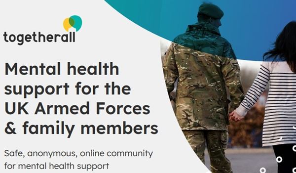 a male armed forces member walking hand in had with a female civilian, the togetherall logo and the words  Mental health support for the UK Armed Forces and family members.  Safe, anonymous, online community for mental health support 