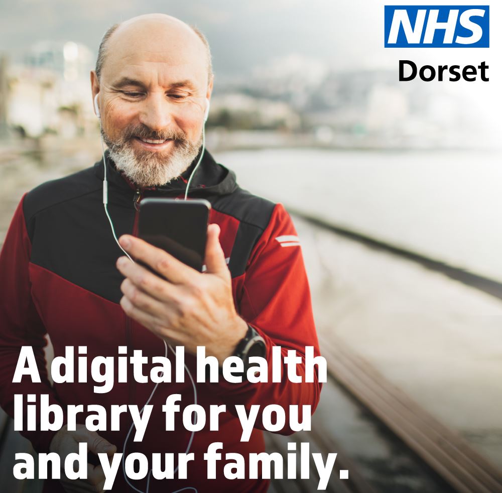 A man walking along a pier looking at his mobile phone, the image includes the NHS Dorset logo and the words, A digital health library for you and your family.
