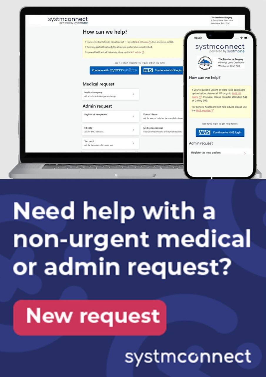 A mobile phone and a tablet displaying SystmConnect and the words Need help with a non-urgent medical or admin request?