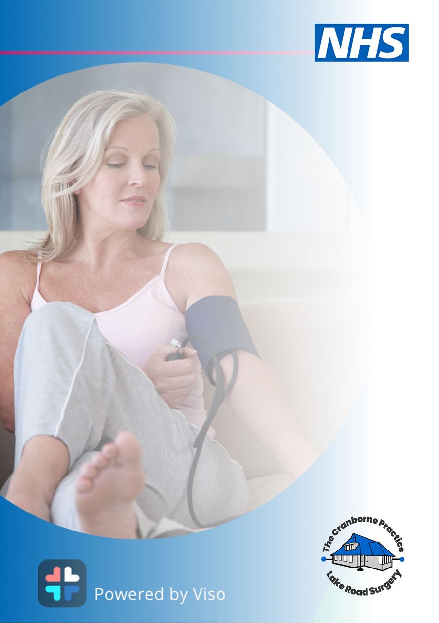 the nhs and practice logo and a woman taking her blood pressure reading at home