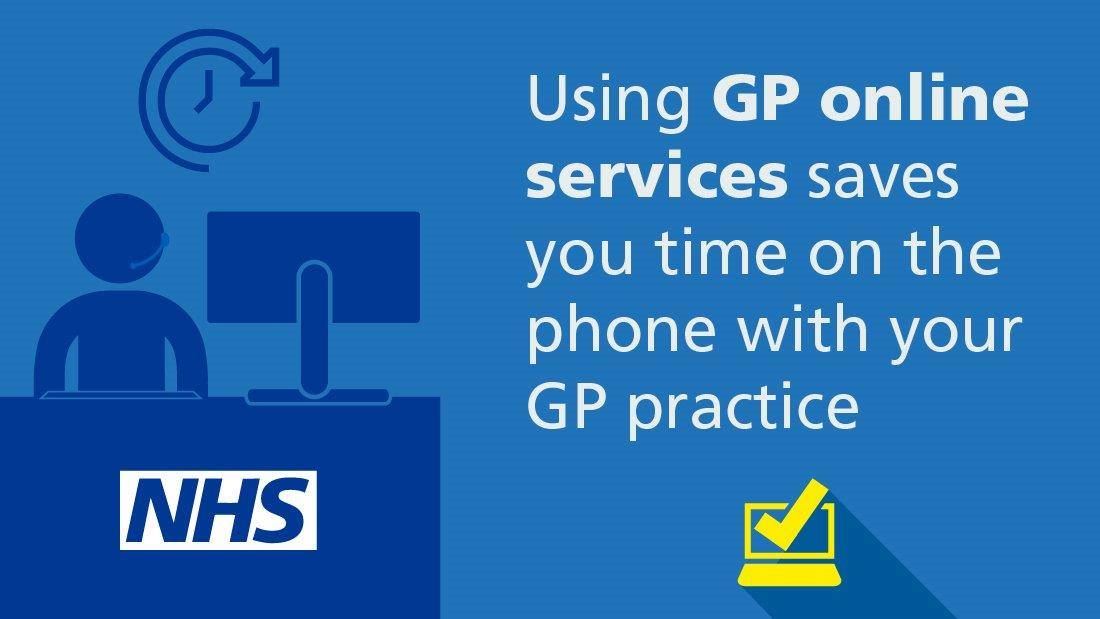 the NHS logo, cartoon image of a person using a computer and the words using GP online services saves you time on the phone with your GP Practice