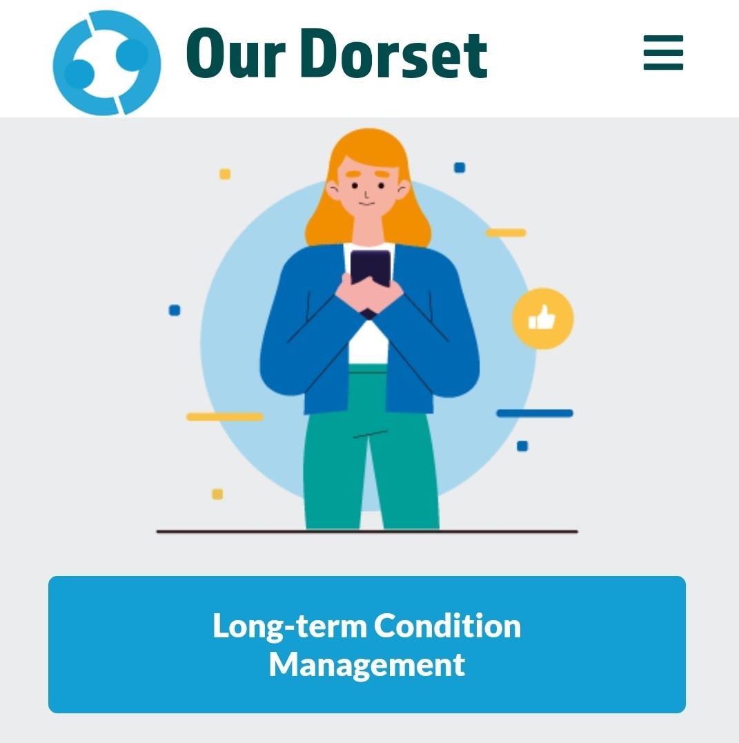 Our Dorset logo with a cartoon of a woman holding a mobile device with the words Long-term Condition Management below
