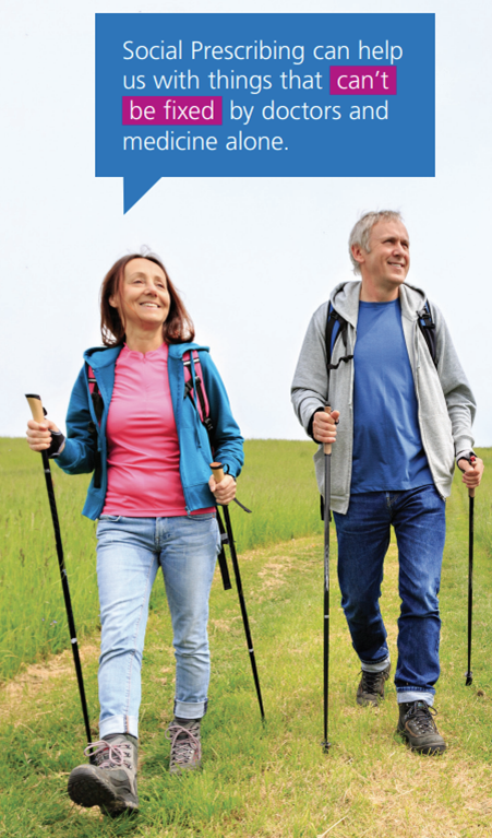 A couple nordic walking - text reads Social Prescribing can help us with things that can't be fixed by doctors and medicine alone.