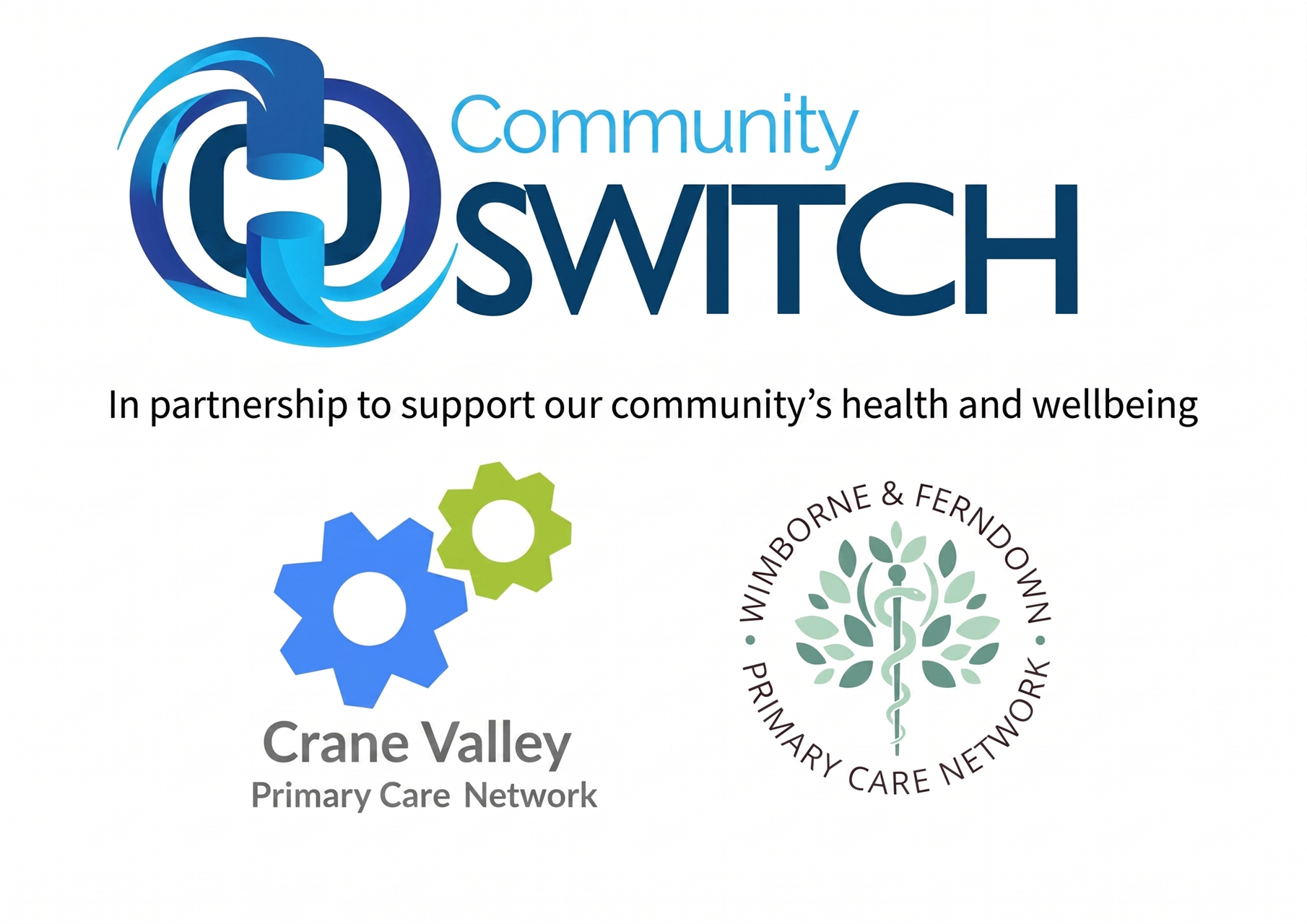 The community SWITCH logo, the words in partnership to support our community's health and wellbeing, the Crane Valley PCN and Wimborne and Ferndown PCN logos underneath. 