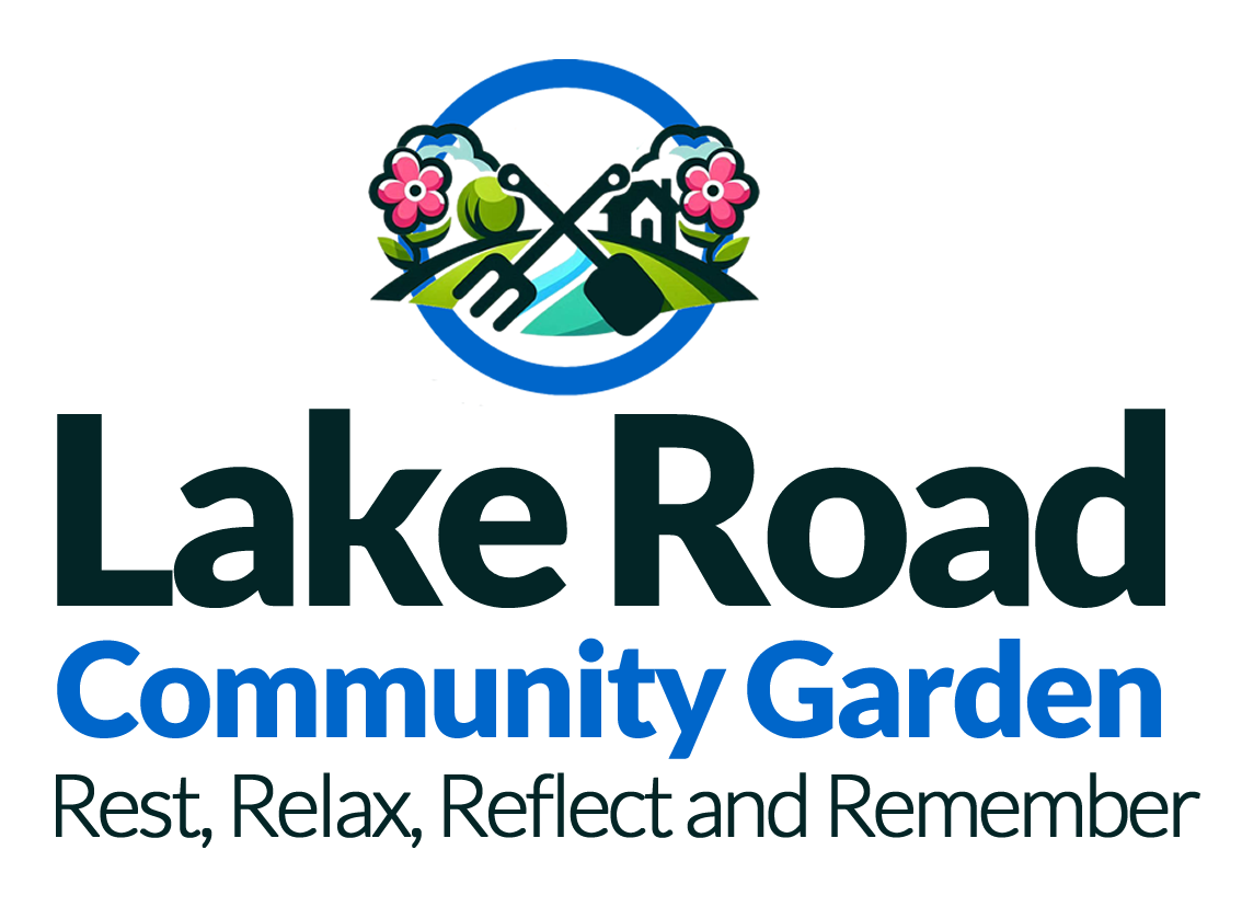 A cartoon image of garden plants and tools and the words Lake Road Community Garde, Rest, Relax, Reflect and Remember