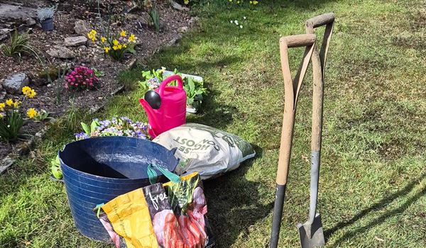 a garden bed, planting materials and equipment