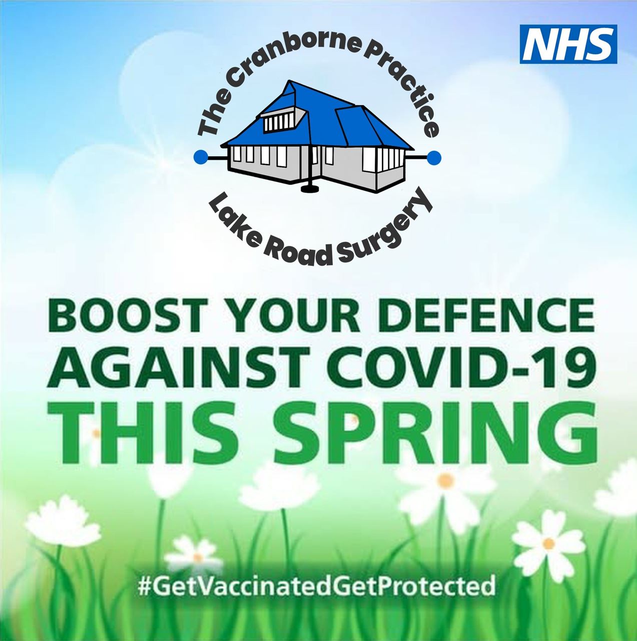 The NHS and practice logos and the words Boost your defence against COVID-19 this Spring, on a cartoon spring garden background