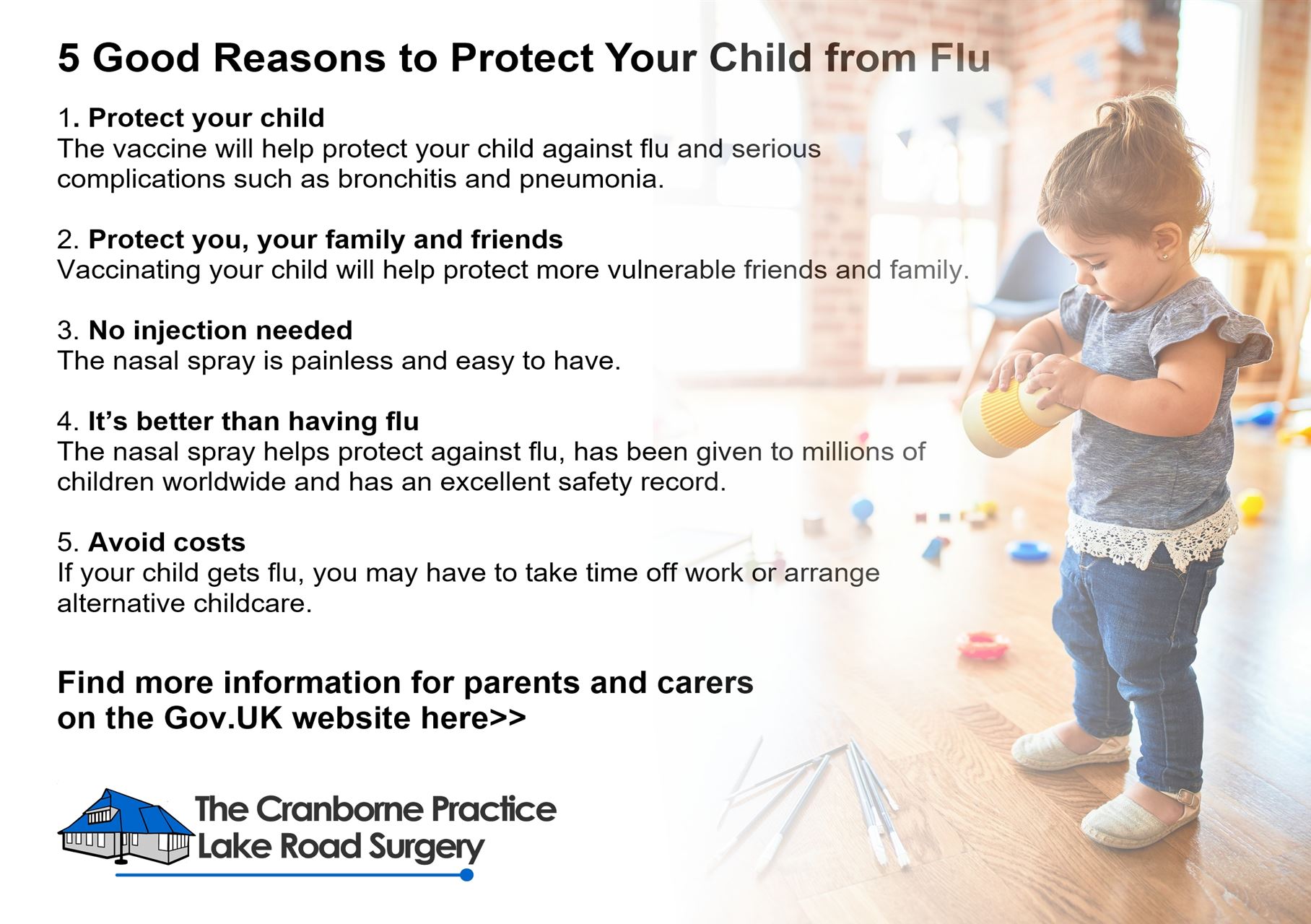 a girl toddler playing, the practice logo and reasons to protect your child from flu.  Link to Gov.UK website on which to learn more