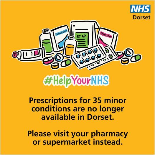 a cartoon image of medications, the NHS Dorset logo and the words 