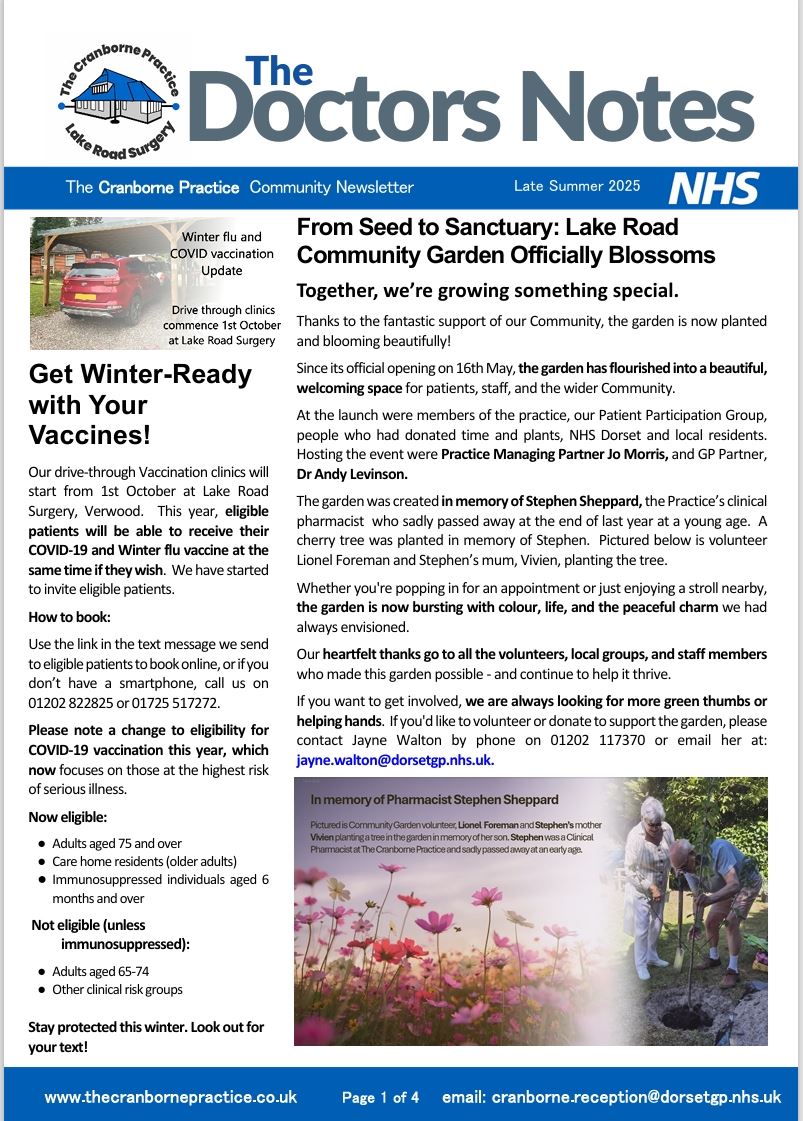 the front page of The Doctor's Notes Practice Newsletter