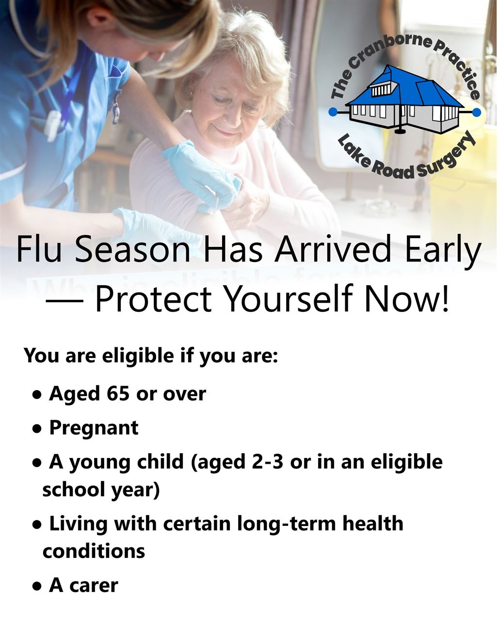 An older woman receiving a vaccination, the practice logo and the words, flu season has arrived early - protect yourself now!  Underneath lists the eligible groups
