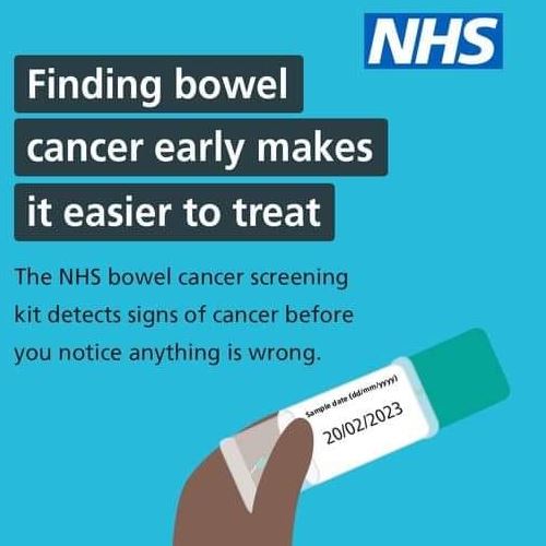 the nhs logo and the words finding bowel cancel early makes it easier to treat.  The nhs bowel screening kit detects signs of cancer before you notice anything is wrong