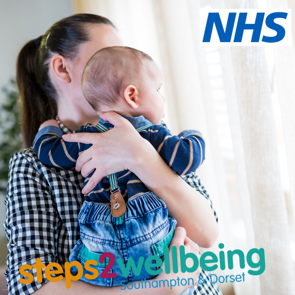 a woman holding a baby, the NHS and Steps2Wellbeing logos
