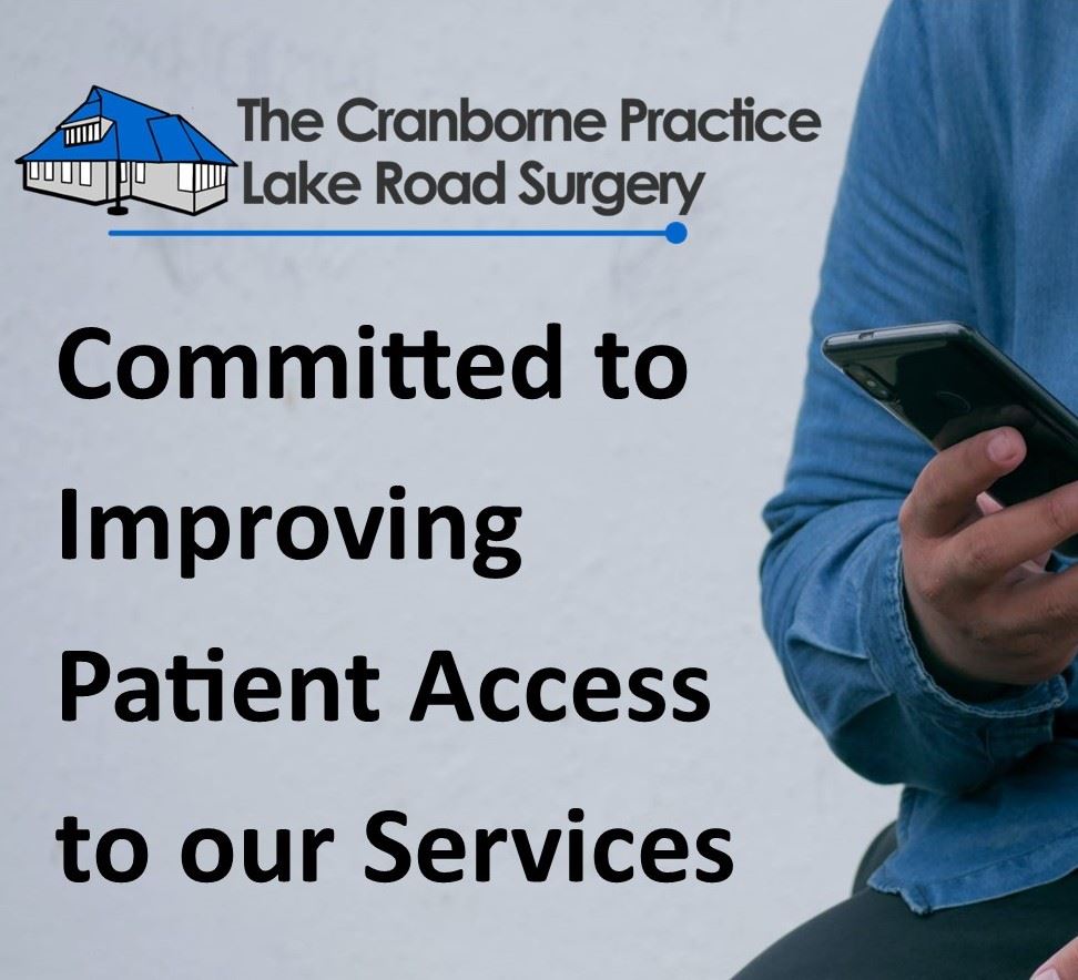 a man with a mobile phone, the practice logo and the words, Committed to Improving Patient Access to our Services