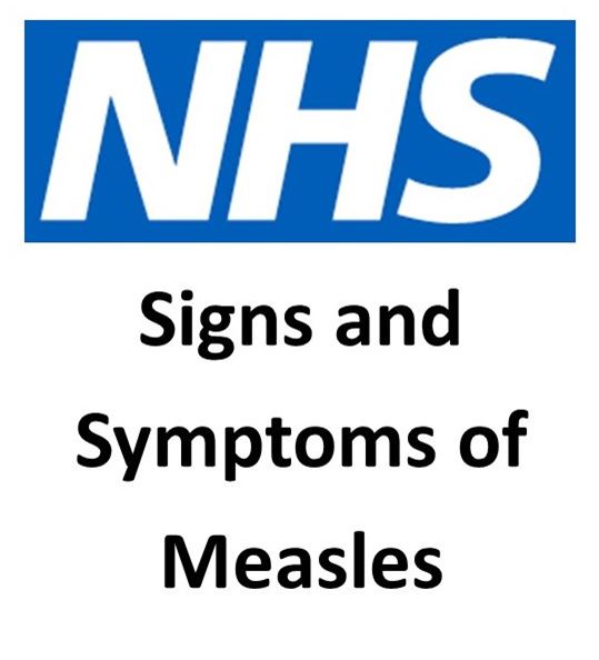 The NHS logo and the words signs and symptoms of measles